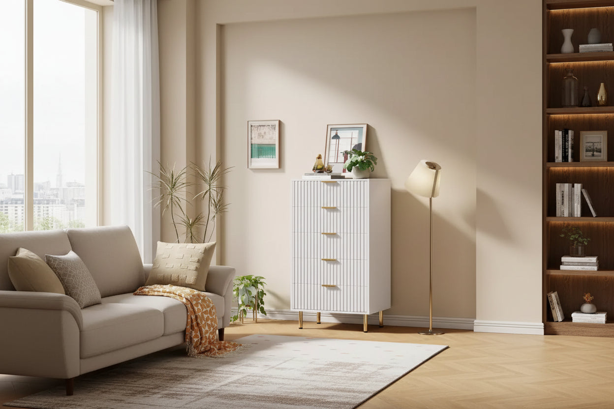 Modern Fluted 5-Drawer Dresser, 48" Tall Wooden Chest with Deep Storage for Bedroom, Home Office