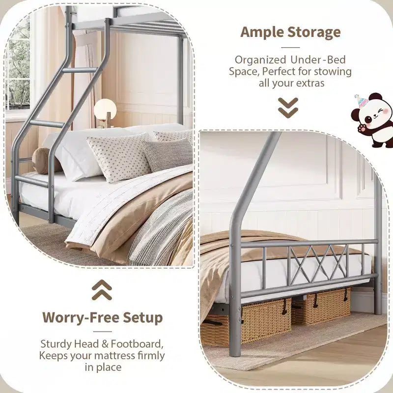 Metal Twin Over Full Bunk Bed Frame with Ladder & Full-Length Guardrail, No Box Spring Needed