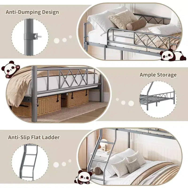 Metal Twin Over Full Bunk Bed Frame with Ladder & Full-Length Guardrail, No Box Spring Needed