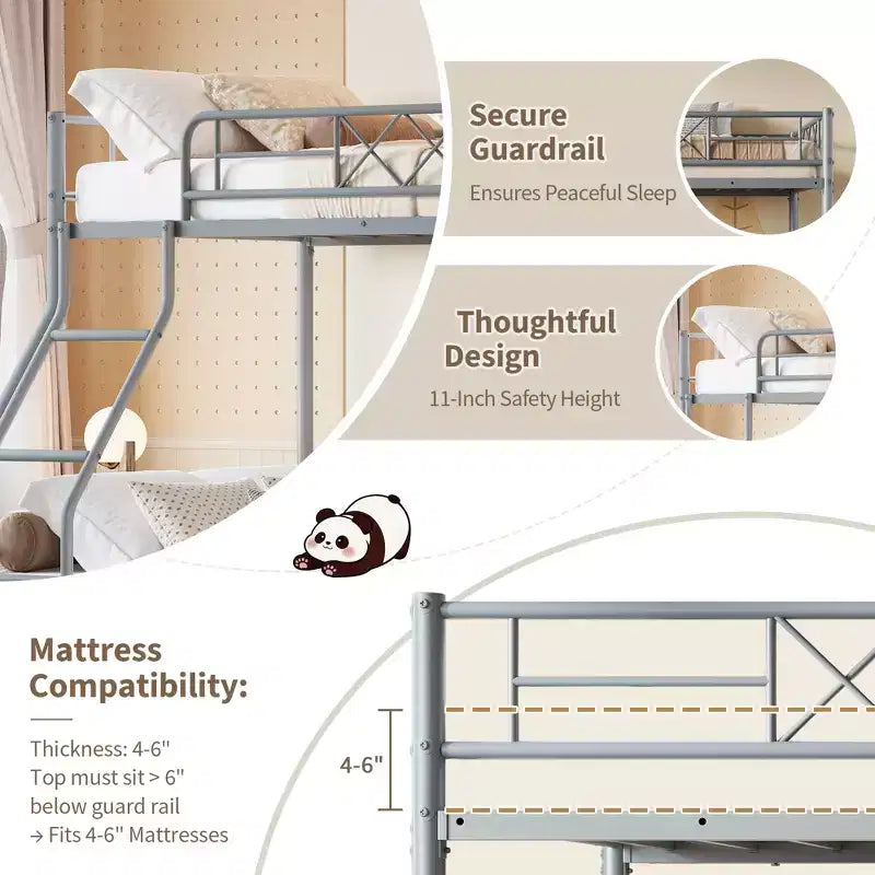 Metal Twin Over Full Bunk Bed Frame with Ladder & Full-Length Guardrail, No Box Spring Needed