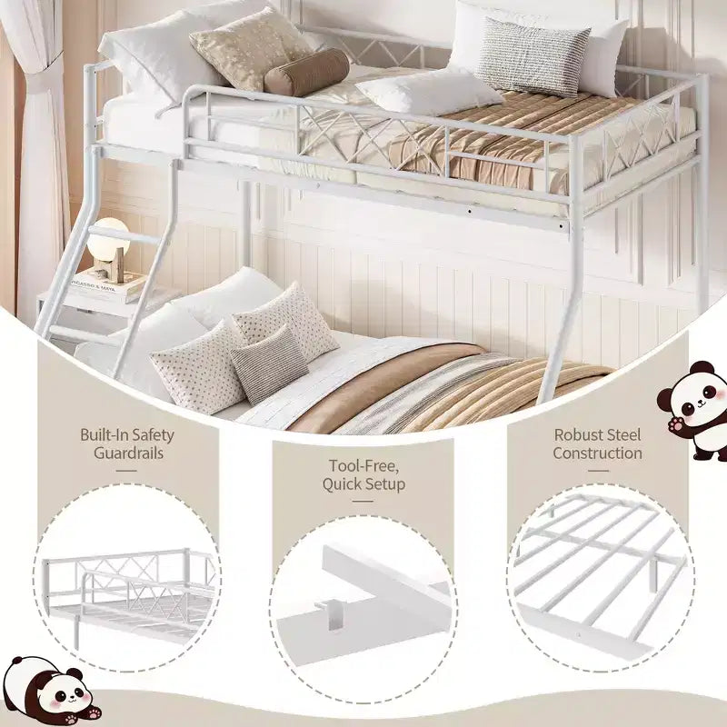 Metal Twin Over Full Bunk Bed Frame with Ladder & Full-Length Guardrail, No Box Spring Needed