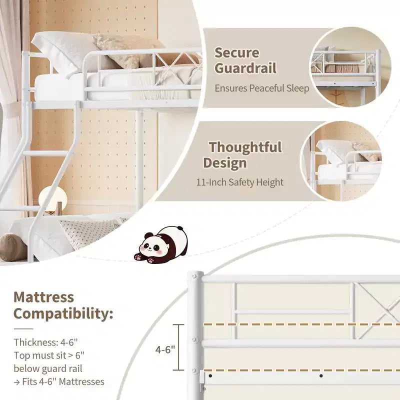 Metal Twin Over Full Bunk Bed Frame with Ladder & Full-Length Guardrail, No Box Spring Needed