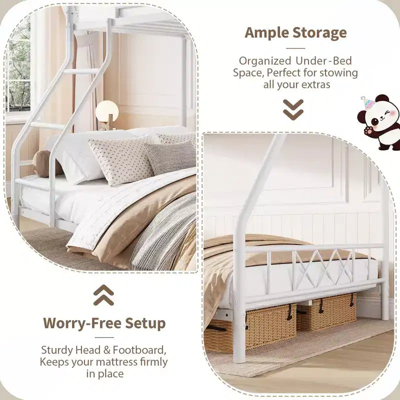 Metal Twin Over Full Bunk Bed Frame with Ladder & Full-Length Guardrail, No Box Spring Needed