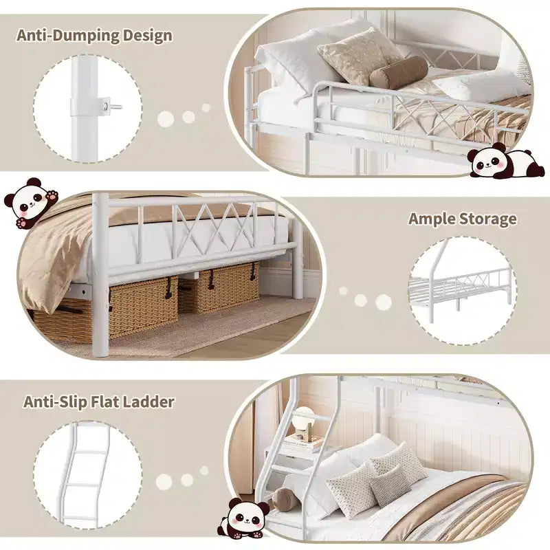 Metal Twin Over Full Bunk Bed Frame with Ladder & Full-Length Guardrail, No Box Spring Needed