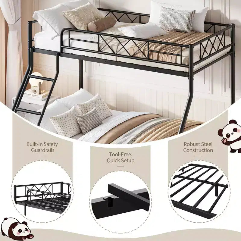 Metal Twin Over Full Bunk Bed Frame with Ladder & Full-Length Guardrail, No Box Spring Needed