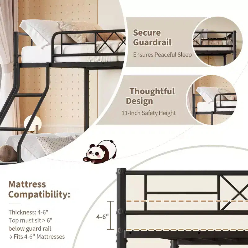 Metal Twin Over Full Bunk Bed Frame with Ladder & Full-Length Guardrail, No Box Spring Needed