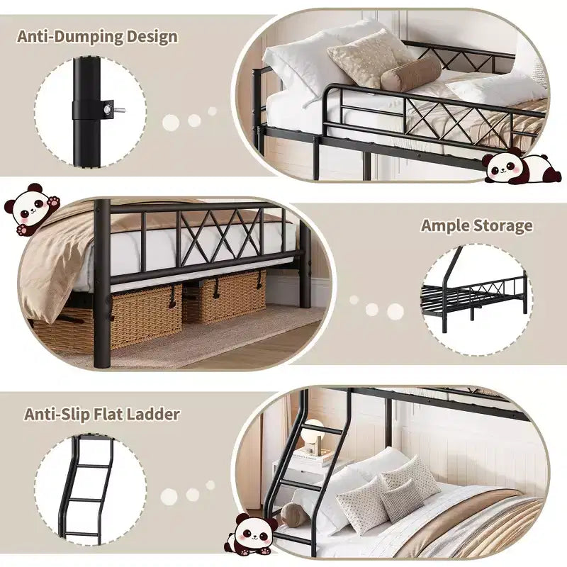 Metal Twin Over Full Bunk Bed Frame with Ladder & Full-Length Guardrail, No Box Spring Needed