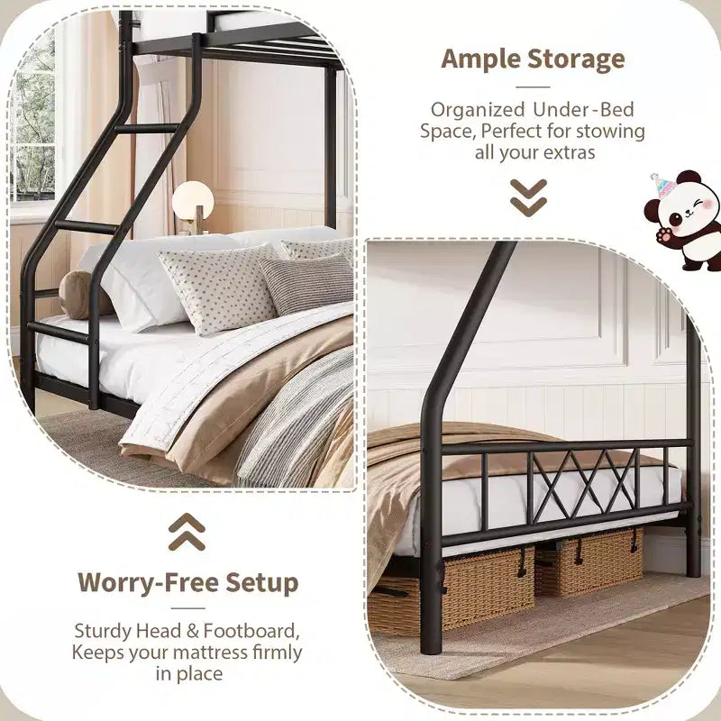 Metal Twin Over Full Bunk Bed Frame with Ladder & Full-Length Guardrail, No Box Spring Needed
