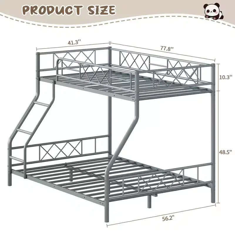 Metal Twin Over Full Bunk Bed Frame with Ladder & Full-Length Guardrail, No Box Spring Needed