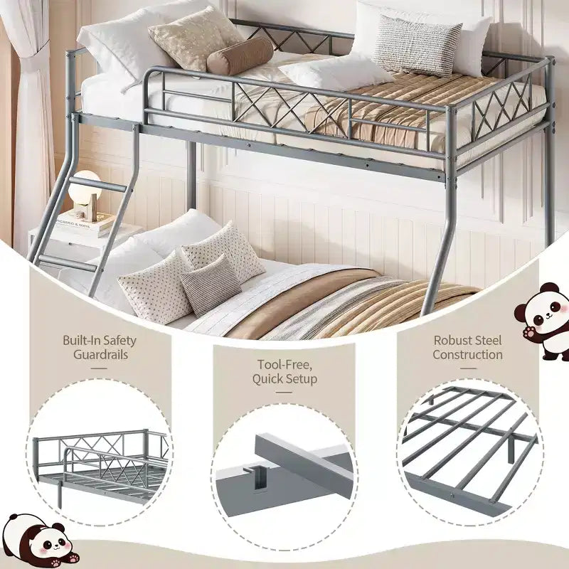Metal Twin Over Full Bunk Bed Frame with Ladder & Full-Length Guardrail, No Box Spring Needed
