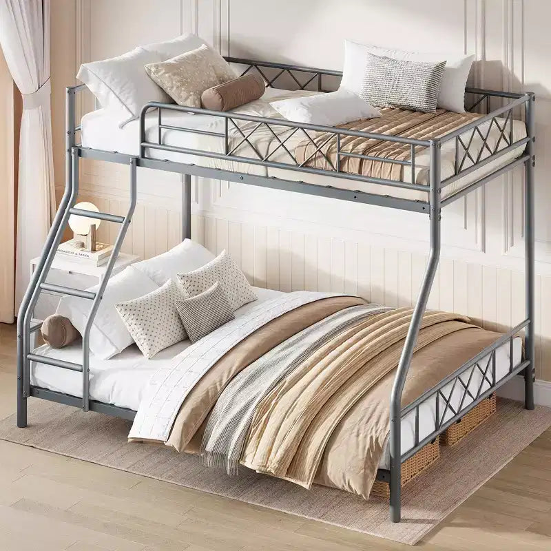 Metal Twin Over Full Bunk Bed Frame with Ladder & Full-Length Guardrail, No Box Spring Needed