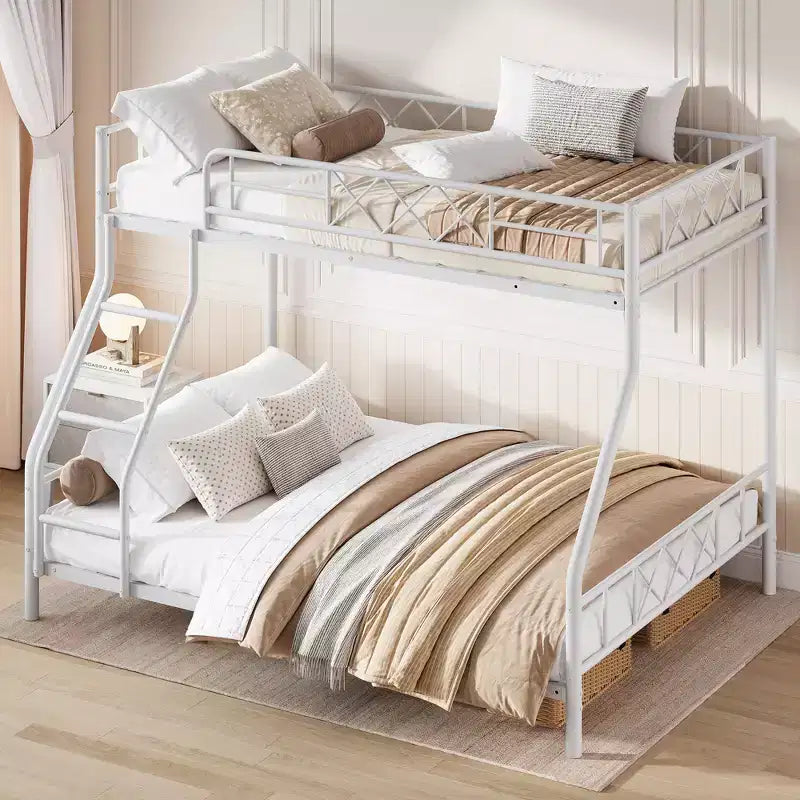 Metal Twin Over Full Bunk Bed Frame with Ladder & Full-Length Guardrail, No Box Spring Needed