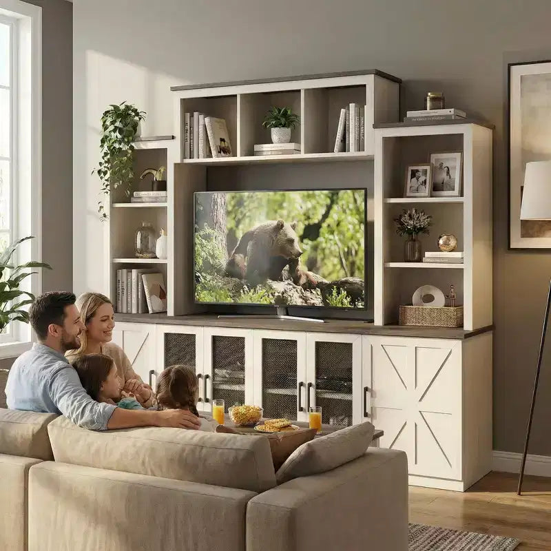 Wall-Mounted Entertainment Center TV Stand with Ample Storage and Charging Station - Beige