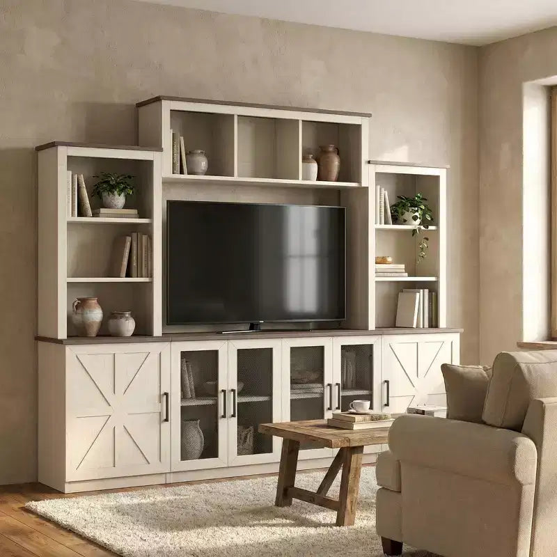 Wall-Mounted Entertainment Center TV Stand with Ample Storage and Charging Station - Beige