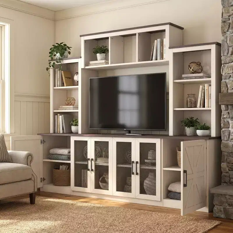 Wall-Mounted Entertainment Center TV Stand with Ample Storage and Charging Station - Beige