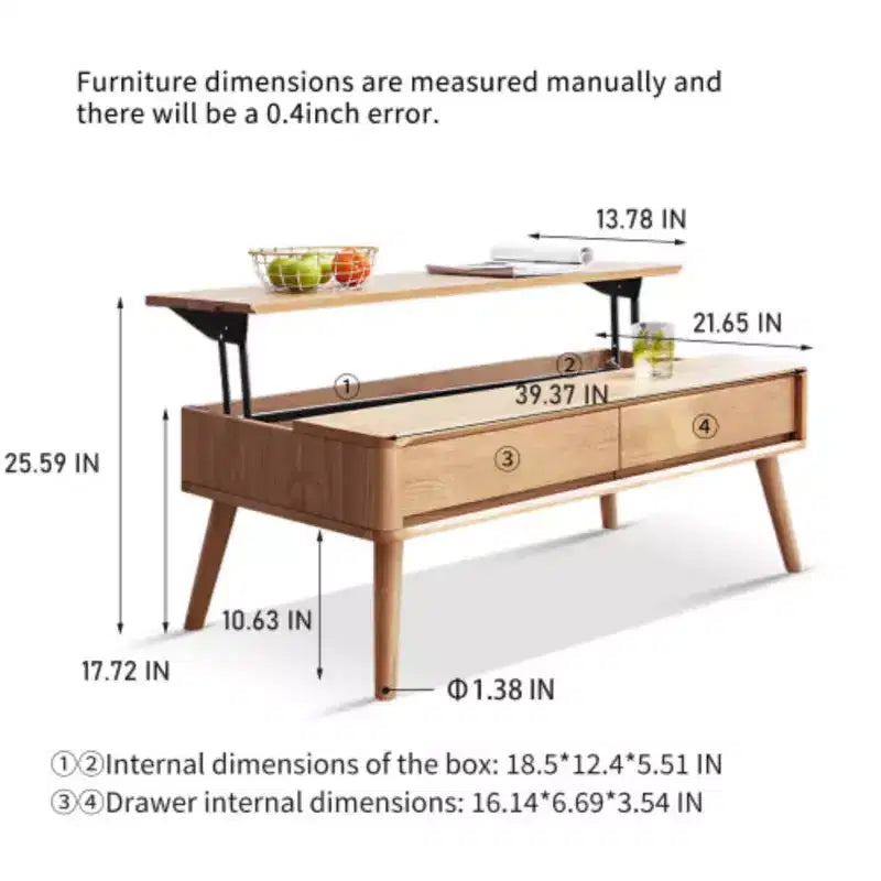 Lift-Top Coffee Table, Solid Oak Wood with Hidden Storage, Multi-Use as Center Table & Study Desk