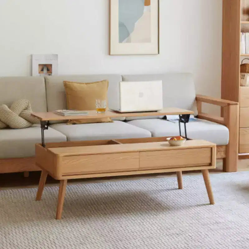 Lift-Top Coffee Table, Solid Oak Wood with Hidden Storage, Multi-Use as Center Table & Study Desk