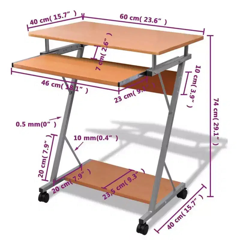 Compact Computer Desk, Brown Particle Board with Sliding Components