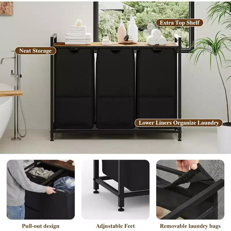 Multi-Section Laundry Hamper with Top Storage Shelf, Waterproof Bags & Easy Assembly for Laundry Room, Bathroom