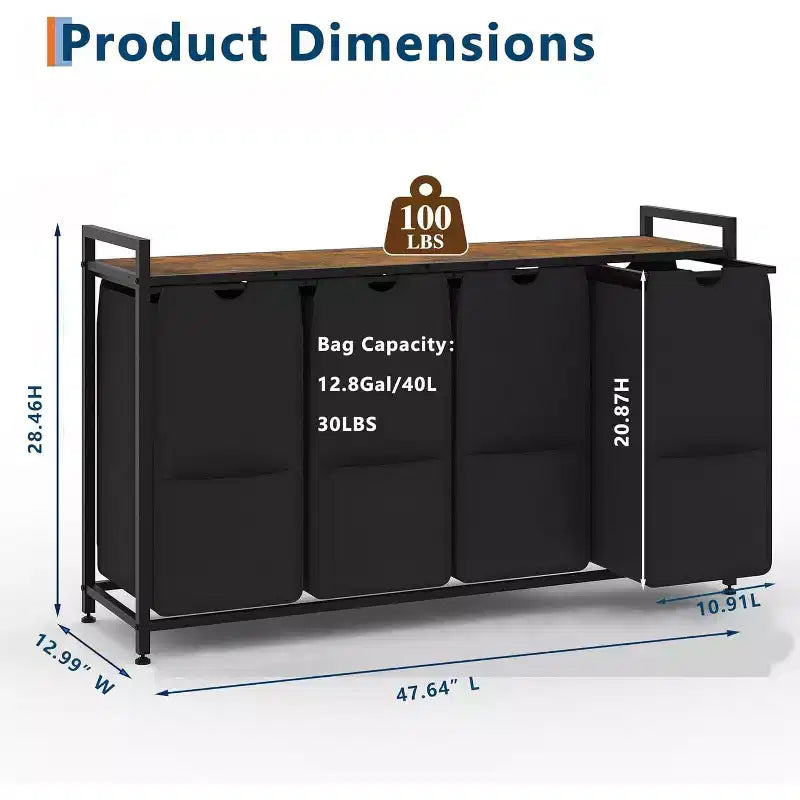 Multi-Section Laundry Hamper with Top Storage Shelf, Waterproof Bags & Easy Assembly for Laundry Room, Bathroom