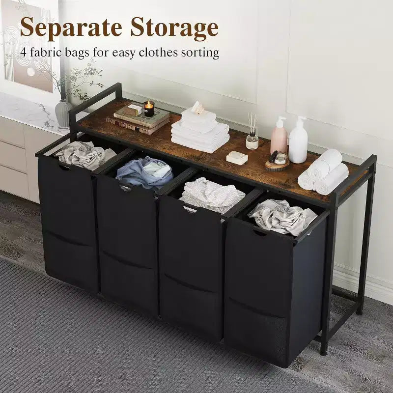 Multi-Section Laundry Hamper with Top Storage Shelf, Waterproof Bags & Easy Assembly for Laundry Room, Bathroom