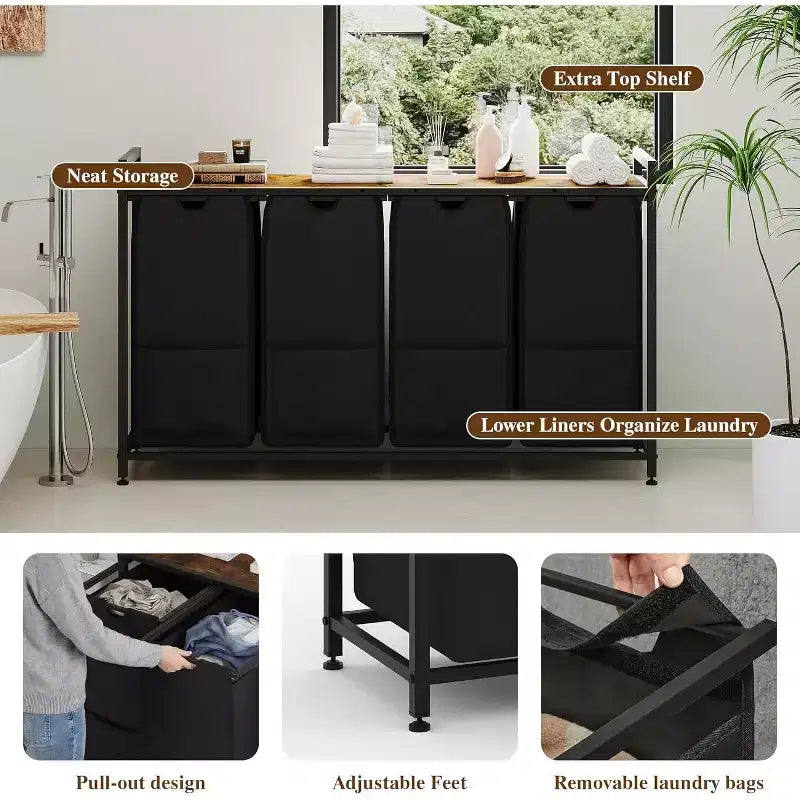 Multi-Section Laundry Hamper with Top Storage Shelf, Waterproof Bags & Easy Assembly for Laundry Room, Bathroom