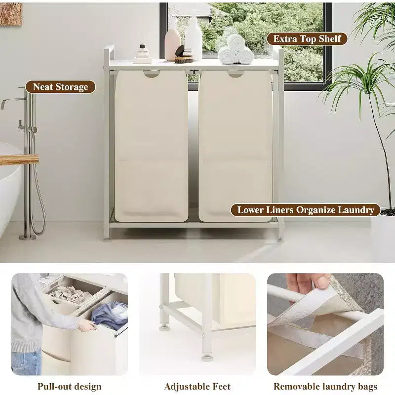 Multi-Section Laundry Hamper with Top Storage Shelf, Waterproof Bags & Easy Assembly for Laundry Room, Bathroom