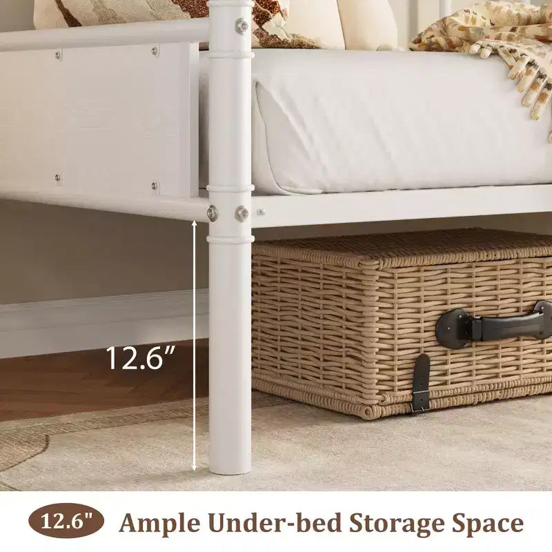Twin Size Metal Daybed Frame with Wood Headboard, Heavy Duty Metal Twin Bed Platform for Living Room Guest Room Bedroom, Under-Bed Storage