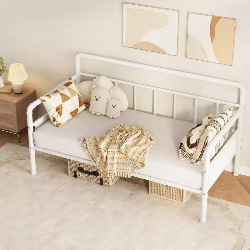 Twin Size Metal Daybed Frame with Wood Headboard, Heavy Duty Metal Twin Bed Platform for Living Room Guest Room Bedroom, Under-Bed Storage