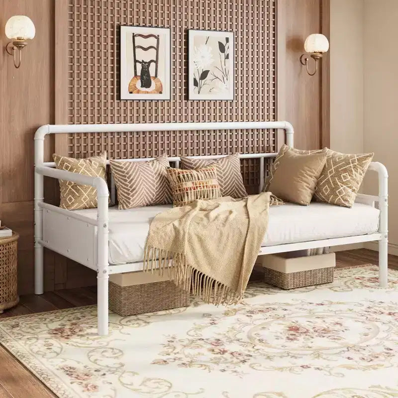 Twin Size Metal Daybed Frame with Wood Headboard, Heavy Duty Metal Twin Bed Platform for Living Room Guest Room Bedroom, Under-Bed Storage