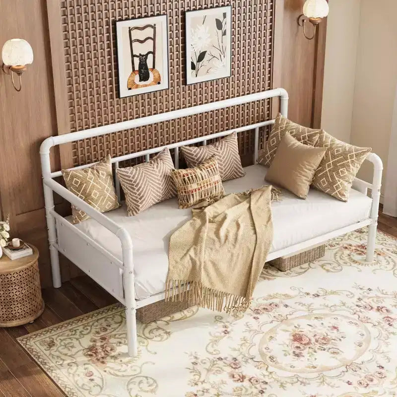 Twin Size Metal Daybed Frame with Wood Headboard, Heavy Duty Metal Twin Bed Platform for Living Room Guest Room Bedroom, Under-Bed Storage