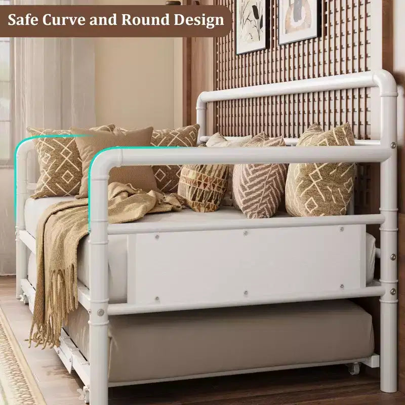 Twin Size Metal Daybed Frame with Wood Headboard, Heavy Duty Metal Twin Bed Platform for Living Room Guest Room Bedroom, Under-Bed Storage