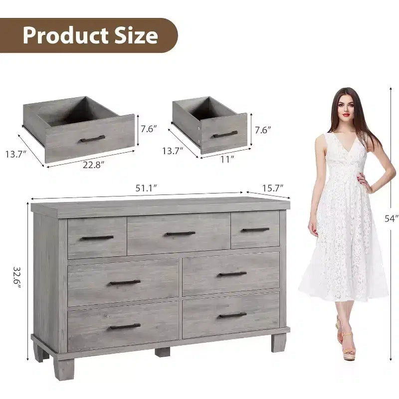 Modern 7-Drawer Dresser, Spacious Wooden Chest with Metal Handles, Versatile Storage Organizer for Bedroom, Living Room, Nursery, Closet