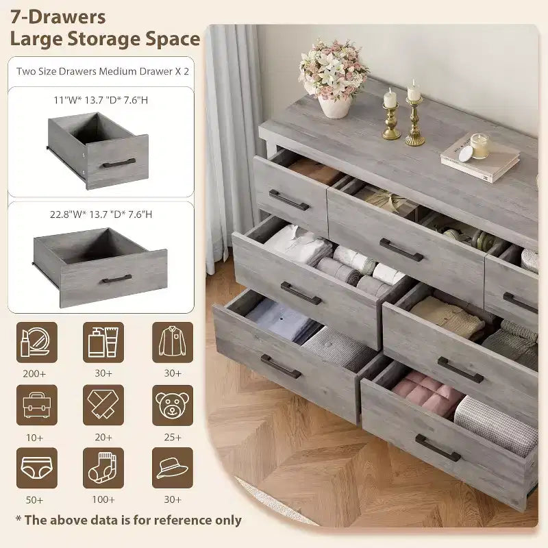 Modern 7-Drawer Dresser, Spacious Wooden Chest with Metal Handles, Versatile Storage Organizer for Bedroom, Living Room, Nursery, Closet