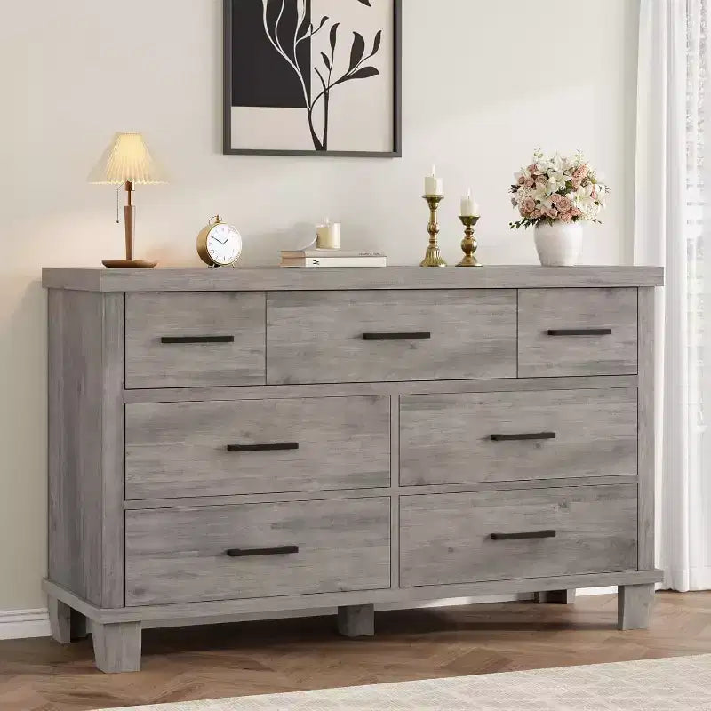 Modern 7-Drawer Dresser, Spacious Wooden Chest with Metal Handles, Versatile Storage Organizer for Bedroom, Living Room, Nursery, Closet