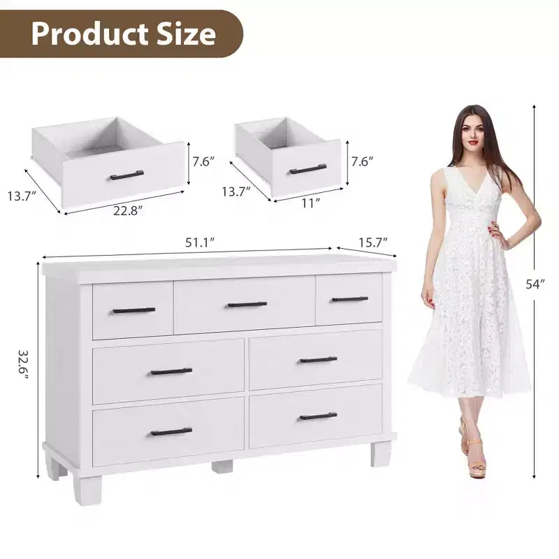 Modern 7-Drawer Dresser, Spacious Wooden Chest with Metal Handles, Versatile Storage Organizer for Bedroom, Living Room, Nursery, Closet