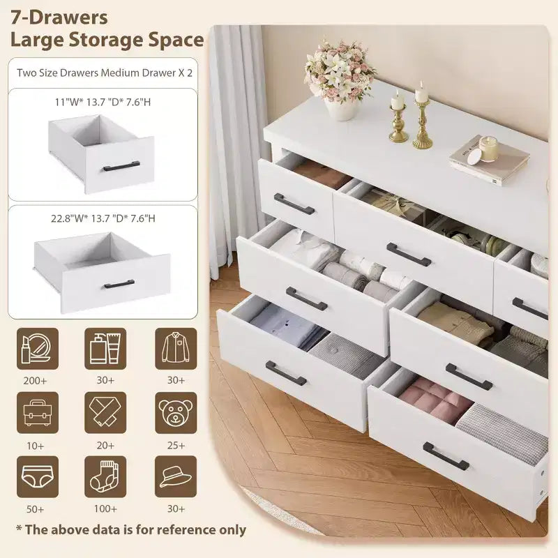 Modern 7-Drawer Dresser, Spacious Wooden Chest with Metal Handles, Versatile Storage Organizer for Bedroom, Living Room, Nursery, Closet