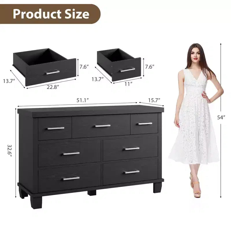 Modern 7-Drawer Dresser, Spacious Wooden Chest with Metal Handles, Versatile Storage Organizer for Bedroom, Living Room, Nursery, Closet