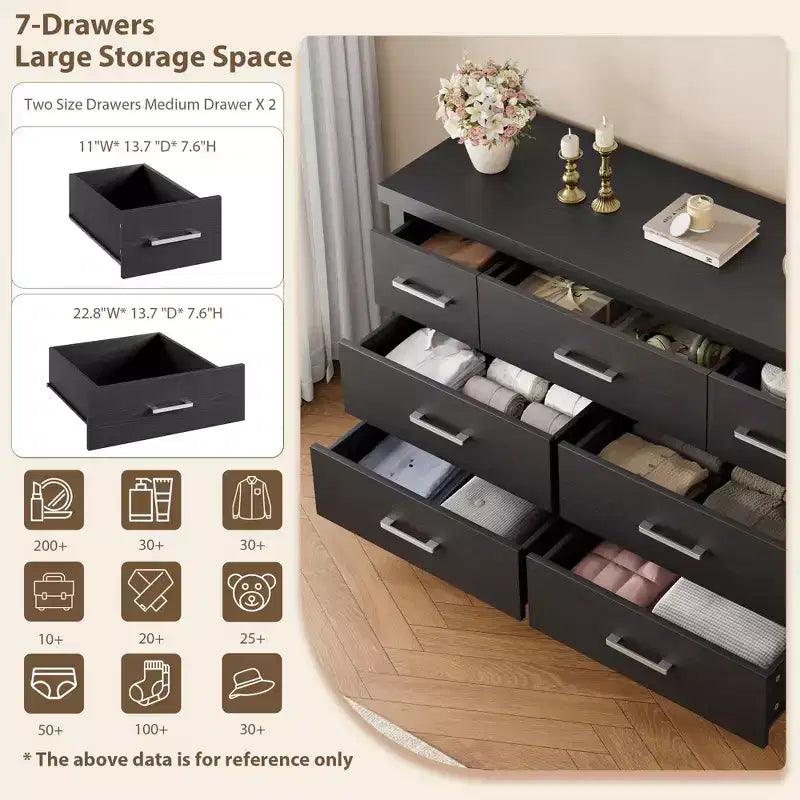 Modern 7-Drawer Dresser, Spacious Wooden Chest with Metal Handles, Versatile Storage Organizer for Bedroom, Living Room, Nursery, Closet