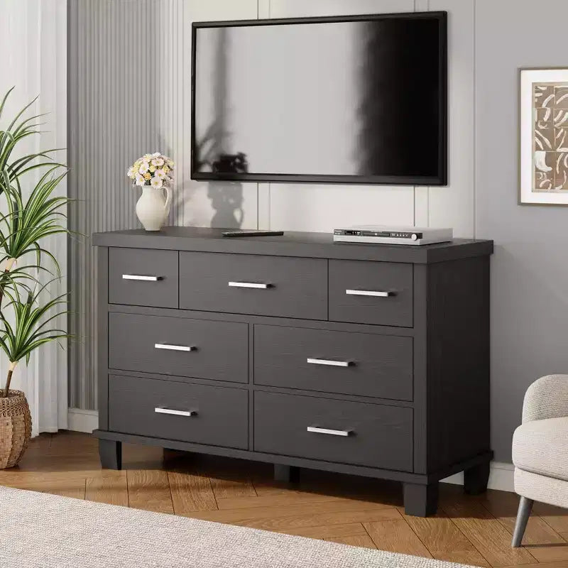 Modern 7-Drawer Dresser, Spacious Wooden Chest with Metal Handles, Versatile Storage Organizer for Bedroom, Living Room, Nursery, Closet