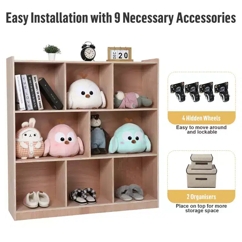 8-Cubby Mobile Entryway Storage Cabinet, 2 Storage Bins, Smooth-Rolling Casters, Wooden Organizer Locker for Home, School, Daycare