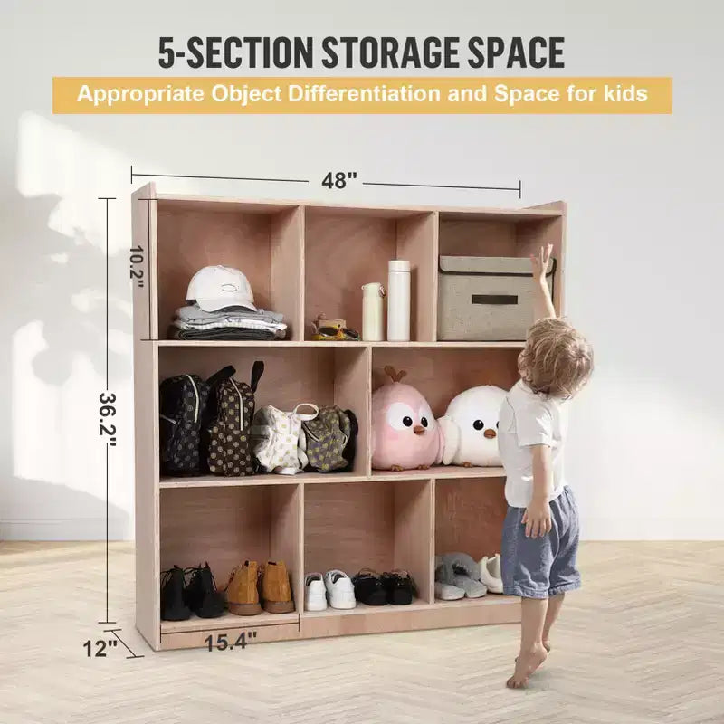 8-Cubby Mobile Entryway Storage Cabinet, 2 Storage Bins, Smooth-Rolling Casters, Wooden Organizer Locker for Home, School, Daycare