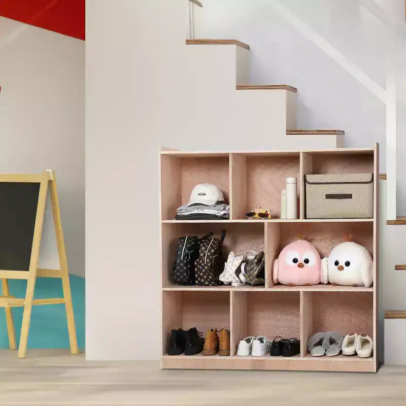 8-Cubby Mobile Entryway Storage Cabinet, 2 Storage Bins, Smooth-Rolling Casters, Wooden Organizer Locker for Home, School, Daycare