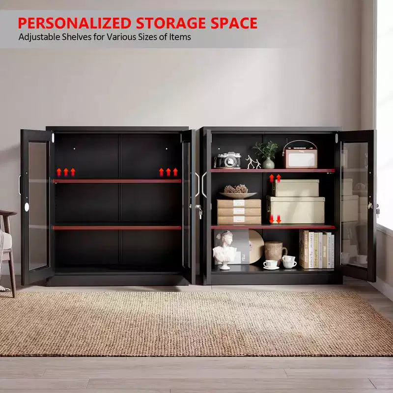 Tool Storage Cabinet Black Steel 2-Door Glass (Pre-Hole)