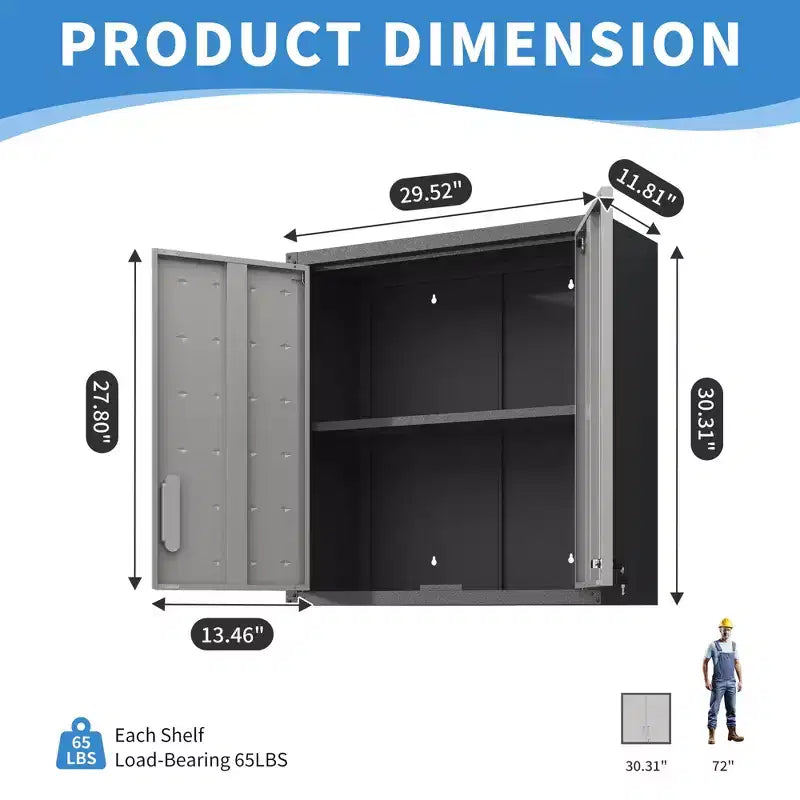 Metal Locking Wall-Mounted Tool Storage Cabinet with 1 Shelf for Garage Warehouse, Office