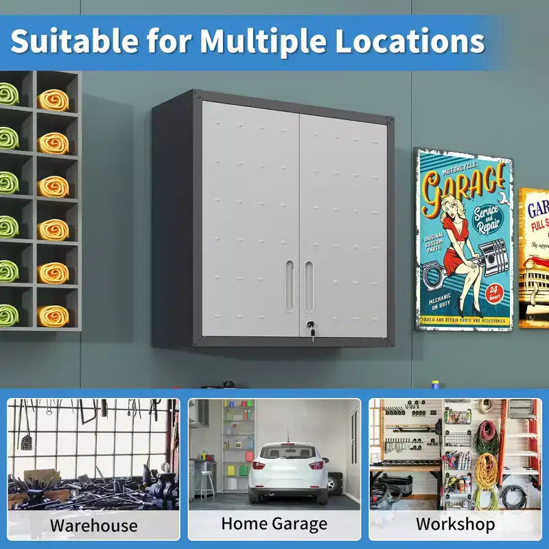 Metal Locking Wall-Mounted Tool Storage Cabinet with 1 Shelf for Garage Warehouse, Office