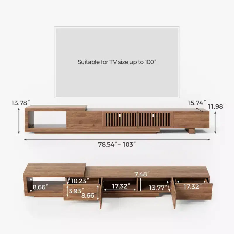 Meuble TV extensible 199,4 cm avec 2 tiroirs, 2 portes de placard, rangement ouvert, max 304,8 cm - Noyer