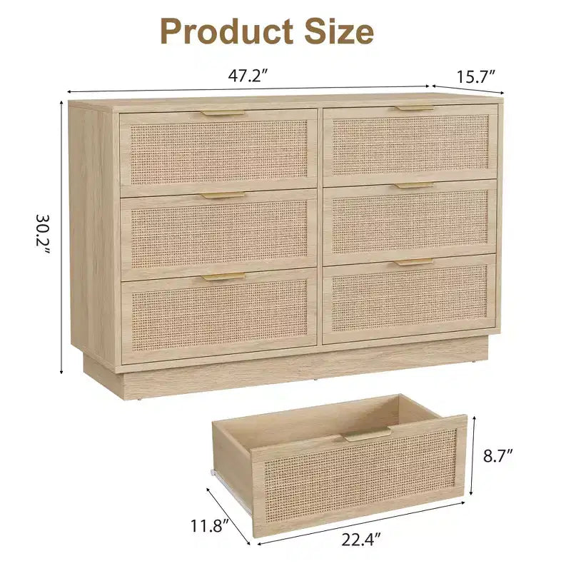 6 Drawer Rattan Dresser for Bedroom, Wood Chest of Drawers with Metal Handle, Modern Versatile Organizer for Bedroom, Entryway, Hallway