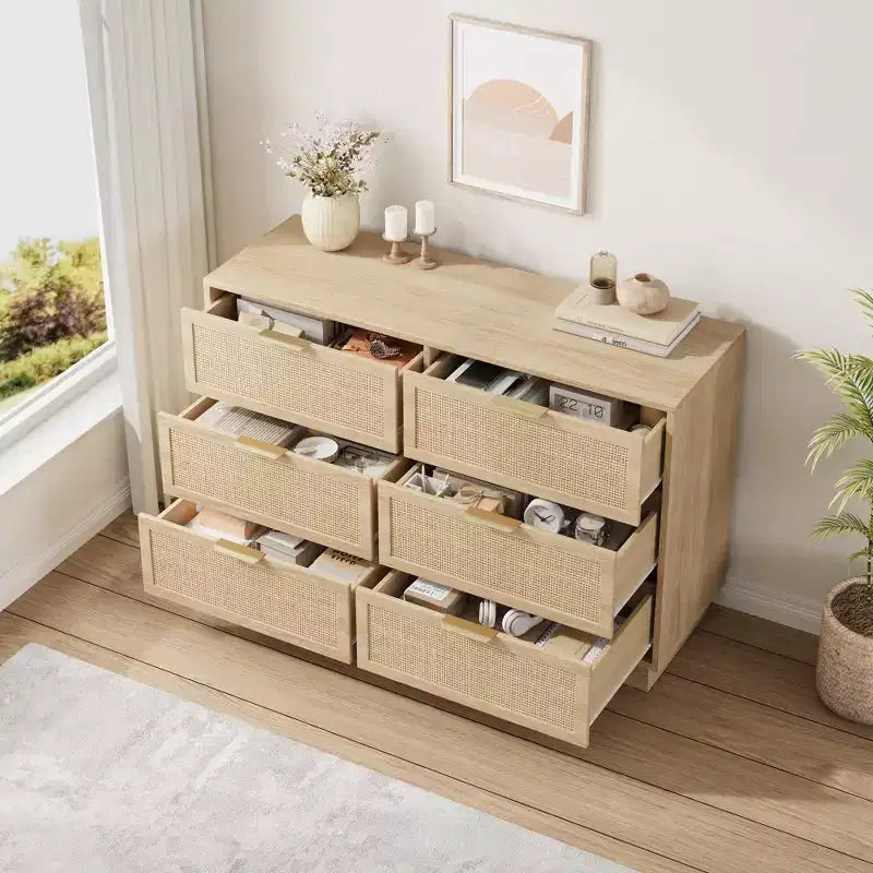 6 Drawer Rattan Dresser for Bedroom, Wood Chest of Drawers with Metal Handle, Modern Versatile Organizer for Bedroom, Entryway, Hallway