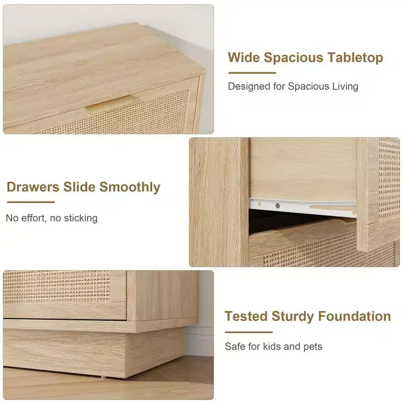 6 Drawer Rattan Dresser for Bedroom, Wood Chest of Drawers with Metal Handle, Modern Versatile Organizer for Bedroom, Entryway, Hallway